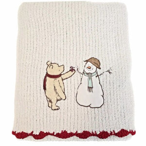 Disney Classic Winnie the Pooh Chenille Baby Blanket Snowman White Red Trim HTF